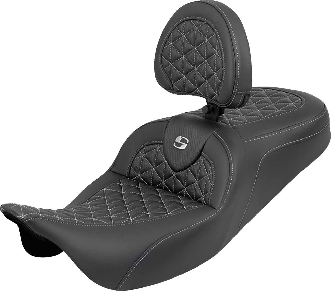 SADDLEMEN RoadSofa™ Tri Gripper Seat - Standard Reach - Silver Stitch - w/ Backrest - FLH/FLT '08-'25 808-07B-210B5
