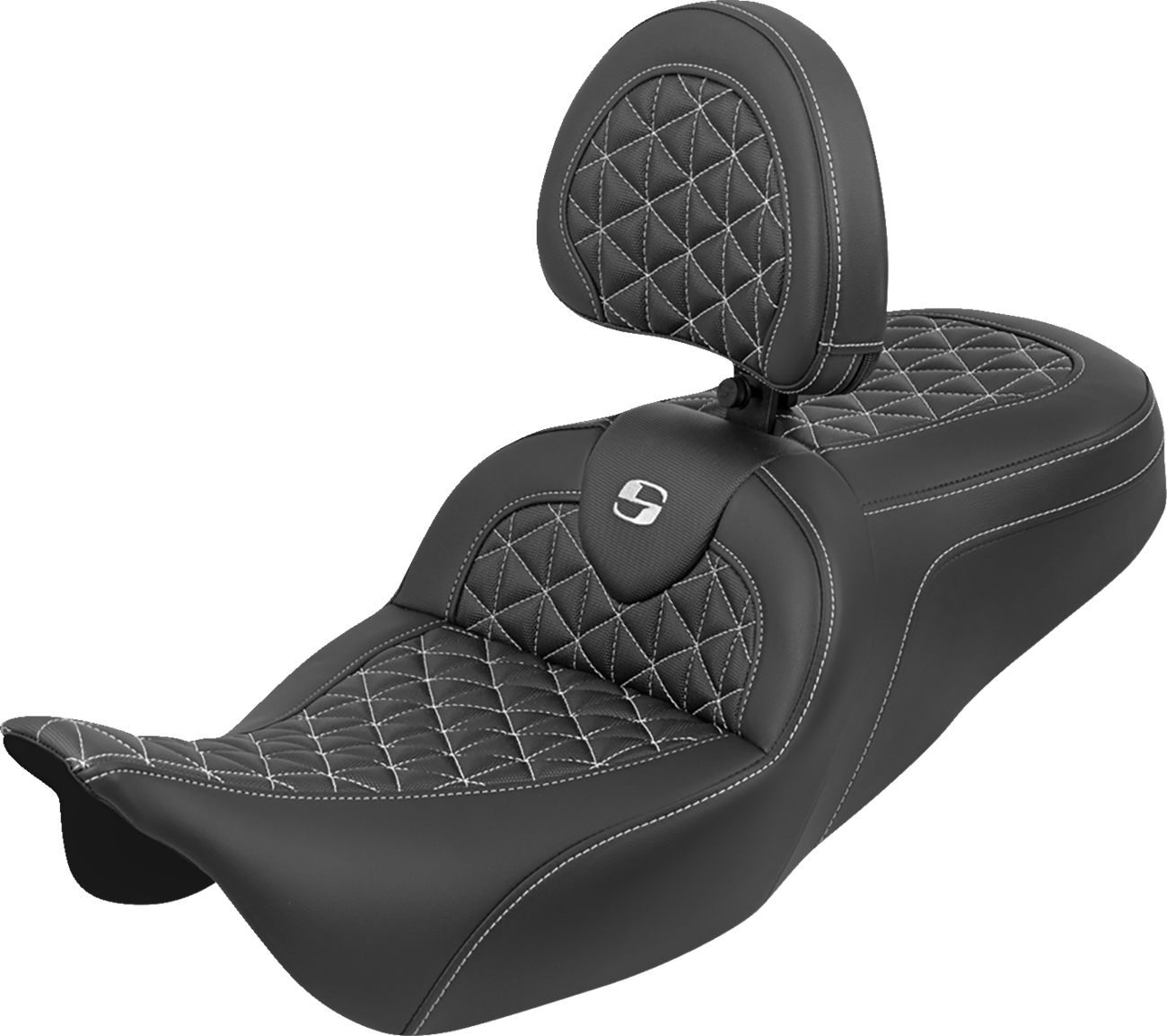SADDLEMEN RoadSofa™ Tri Gripper Seat - Standard Reach - White Stitch - w/ Backrest - FLH/FLT '08-'25 808-07B-210B6