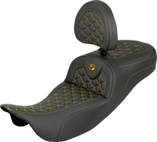 SADDLEMEN RoadSofa™ Tri Gripper Seat - Standard Reach - Gold Stitch - w/ Backrest - FLH/FLT '08-'25 808-07B-211B7