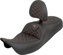 SADDLEMEN RoadSofa™ Tri Gripper Seat - Standard Reach - Orange Stitch - w/ Backrest - FLH/FLT '08-'25 808-07B-210B3
