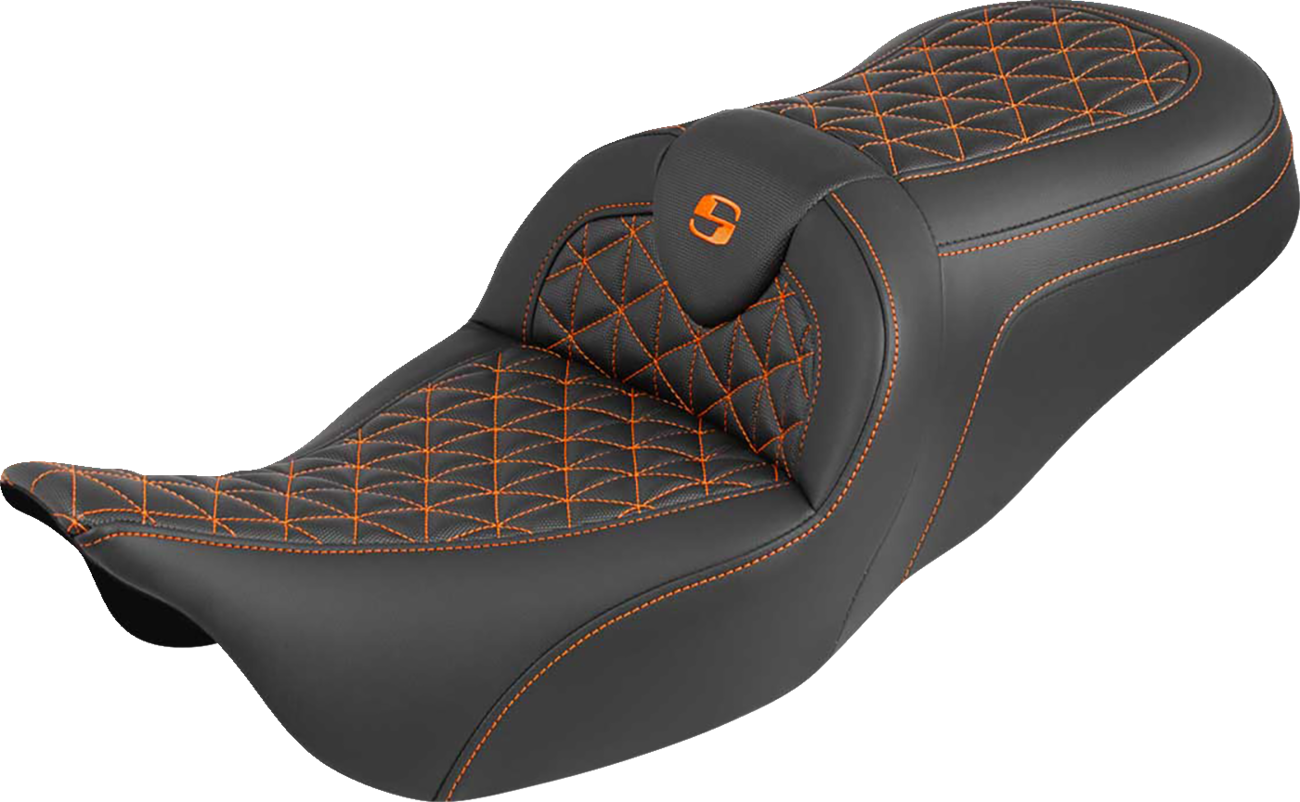 SADDLEMEN RoadSofa™ Tri Gripper Seat - Standard Reach - Orange Stitch - w/o Backrest - FLH/FLT '08-'25 808-07B-21003