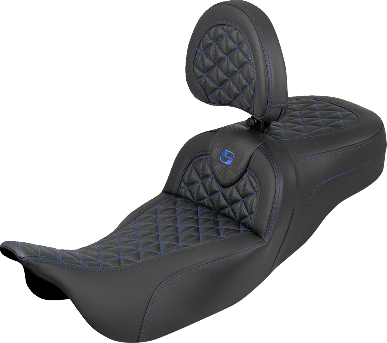 SADDLEMEN RoadSofa™ Tri Gripper Seat - Extended Reach - Blue Stitch - w/ Backrest - FLH/FLT '08-'25 808-07B-211B1