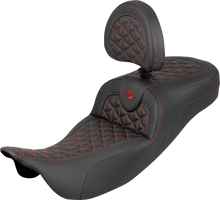 SADDLEMEN RoadSofa™ Tri Gripper Seat - Extended Reach - Red Stitch - w/ Backrest - FLH/FLT '08-'25 808-07B-211B4
