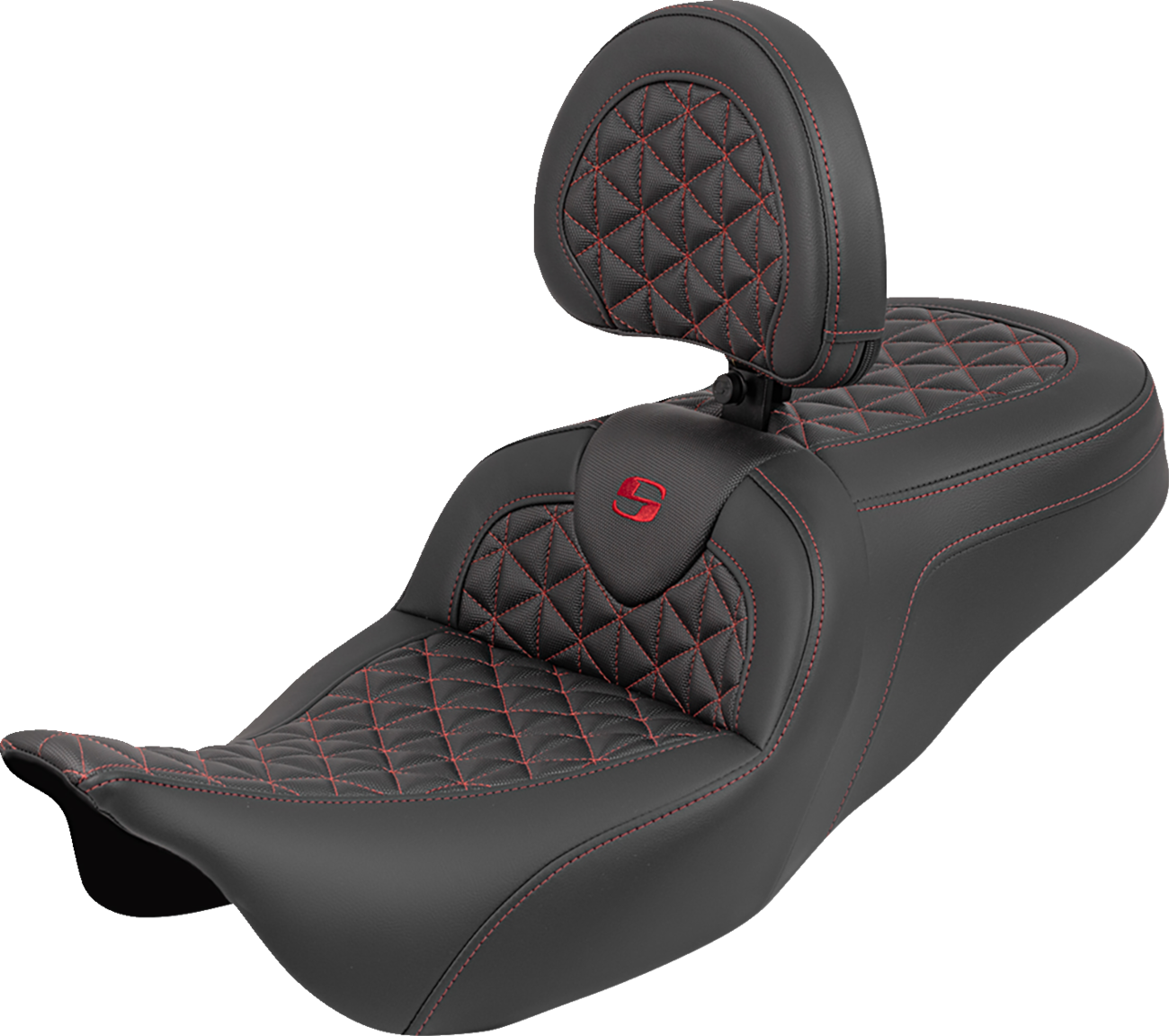 SADDLEMEN RoadSofa™ Tri Gripper Seat - Standard Reach - Red Stitch - w/ Backrest - FLH/FLT '08-'25 808-07B-210B4