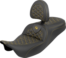 SADDLEMEN RoadSofa™ Tri Gripper Seat - Standard Reach - Gold Stitch - w/ Backrest - FLH/FLT '08-'25 808-07B-210B7