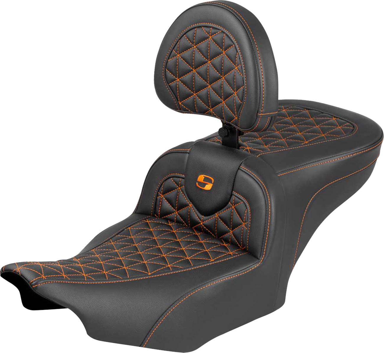 SADDLEMEN Roadsofa™ Seat - with Backrest - Orange Stitch - FLH/FLT '23-'25 823-07-210B3
