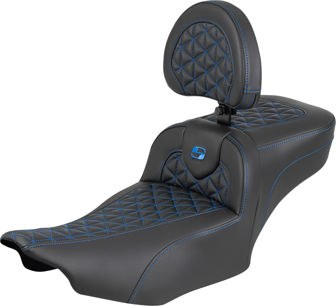 SADDLEMEN Roadsofa™ Extended Reach Seat - with Backrest - Blue Stitch - FLH/FLT '23-'25 823-07-211B1