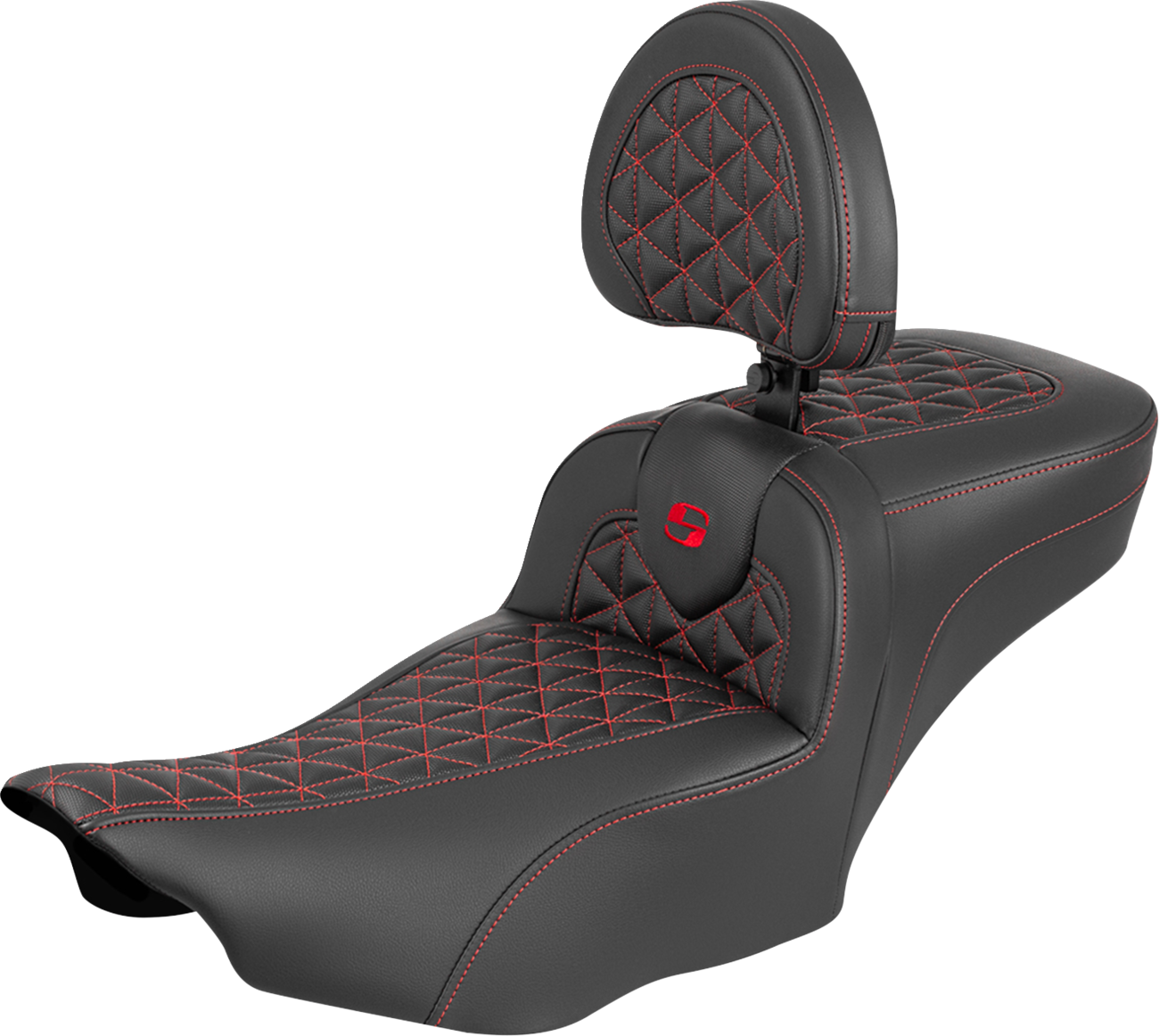 SADDLEMEN Roadsofa™ Extended Reach Seat - with Backrest - Red Stitch - FLH/FLT '23-'25 823-07-211B4