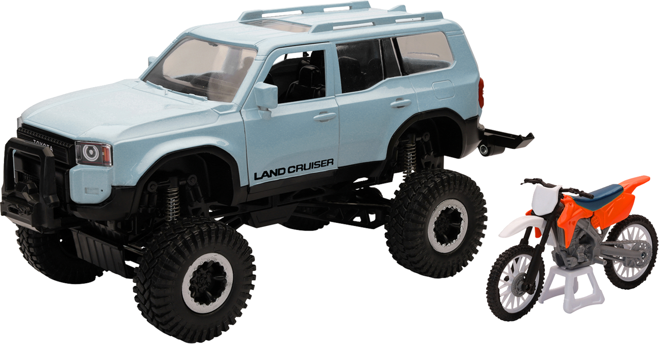 NEW RAY TOYS Toyota Land Cruiser with Dirt Bike - 1:18 Scale - Light Blue/Black/Orange 37586