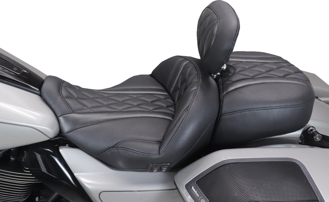 MUSTANG Heated Super Touring One Piece 2-Up Seat - Deluxe Diamond - Black Stitch - FLT/FLH '23-'25 89410