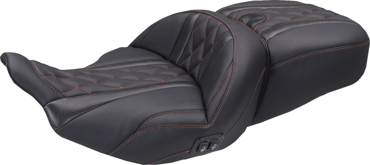 MUSTANG Heated Super Touring One Piece 2-Up Seat - Deluxe Diamond - American Beauty Stitch - FLT/FLH '23-'25 89410AB