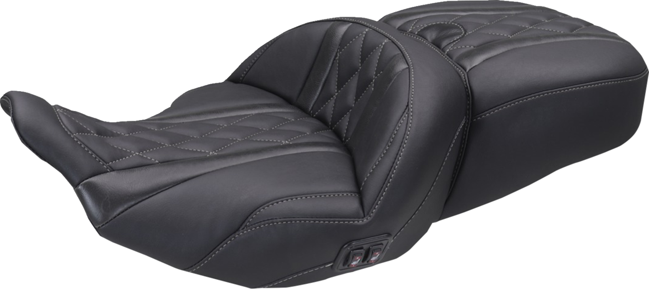 MUSTANG Heated Super Touring One Piece 2-Up Seat - Deluxe Diamond - Gun Metal Stitch - FLT/FLH '23-'25 89410GM