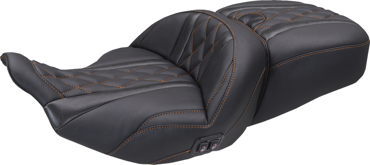 MUSTANG Heated Super Touring One Piece 2-Up Seat - Deluxe Diamond - Mandarin Orange Stitch - FLT/FLH '23-'25 89410MO