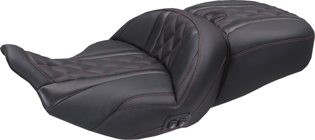 MUSTANG Heated Super Touring One Piece 2-Up Seat - Deluxe Diamond - Dark Cherry Stitch - FLT/FLH '23-'25 89410DC