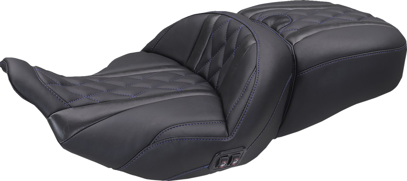 MUSTANG Heated Super Touring One Piece 2-Up Seat - Deluxe Diamond - Sky Blue Stitch - FLT/FLH '23-'25 89410SB