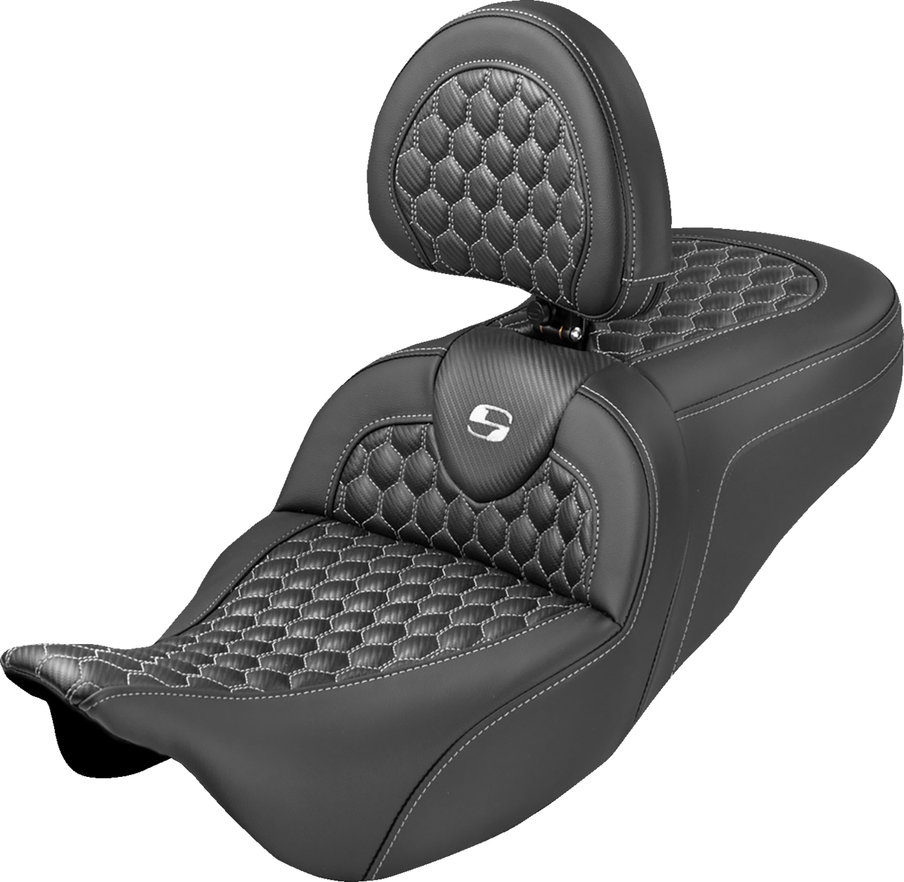 SADDLEMEN Extended Reach RoadSofa™ Seat - Honeycomb - White Stitch - with Backrest - FLH/FLT '08-'25 808-07B-190B6