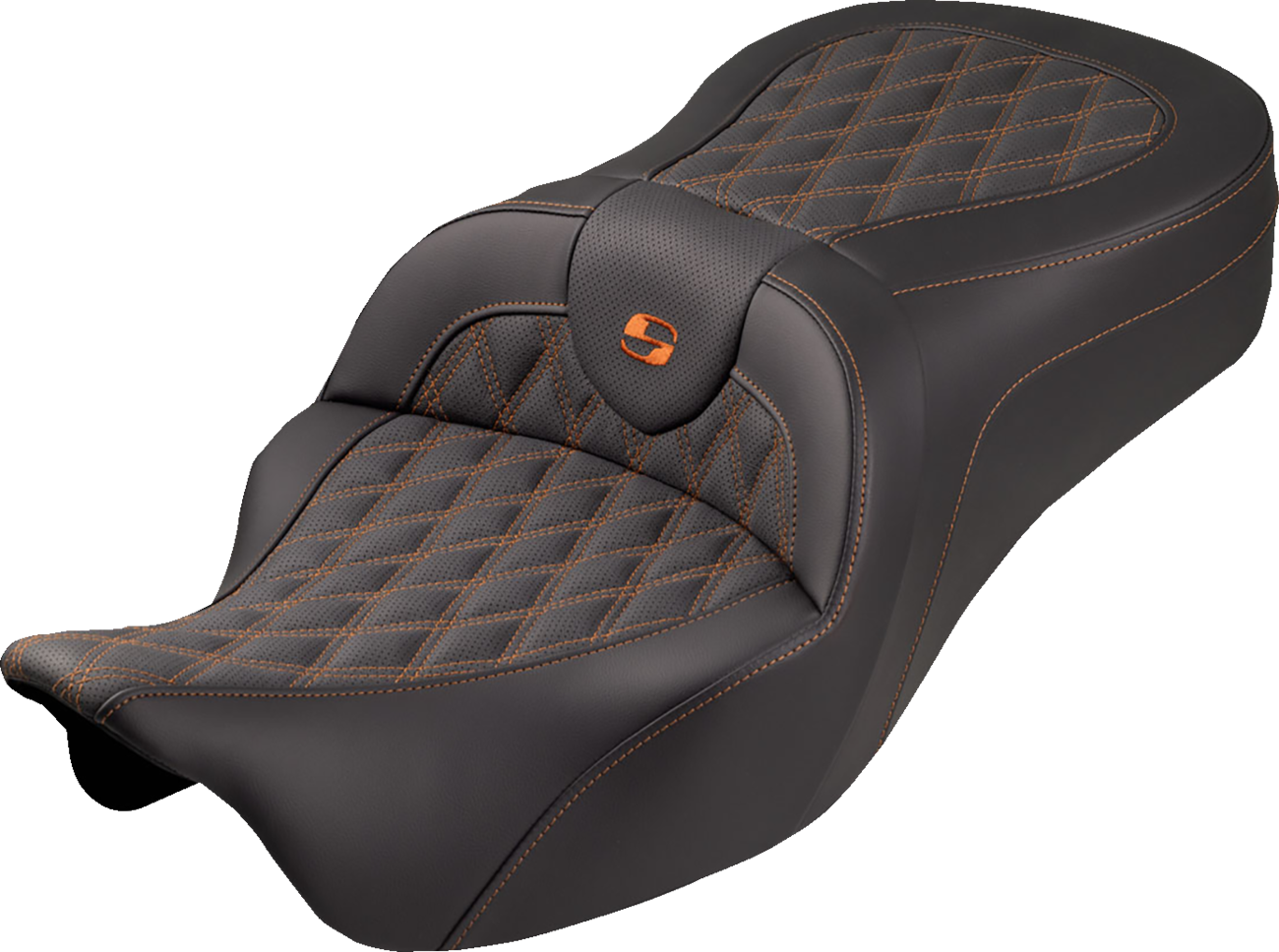 SADDLEMEN Roadsofa™ King Seat - No Backrest - Lattice Stitch - Orange Stitch - FLH/FLT '08-'25 808-07B-182S03