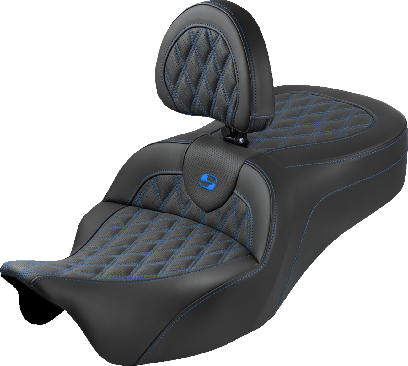 SADDLEMEN Roadsofa™ King Seat - With Backrest - Lattice Stitch - Blue Stitch - FLH/FLT '08-'25 808-07B-182SB1