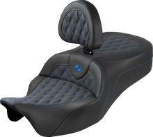 SADDLEMEN Roadsofa™ King Seat - With Backrest - Lattice Stitch - Blue Stitch - FLH/FLT '08-'25 808-07B-182SB1