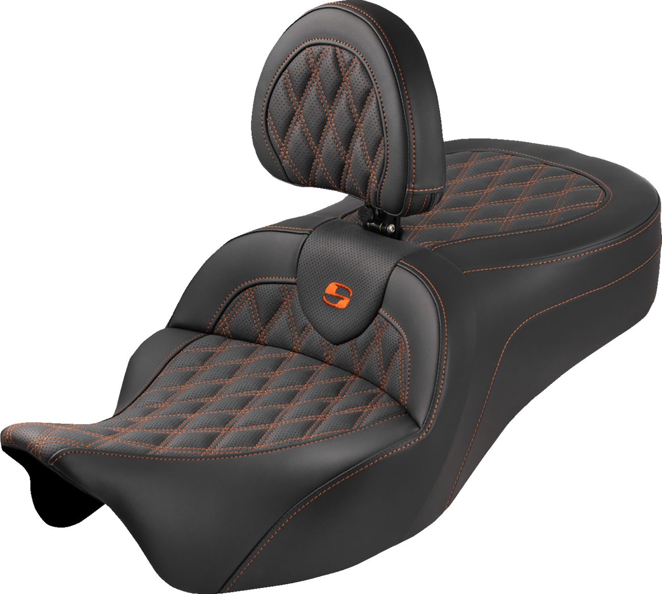 SADDLEMEN Roadsofa™ King Seat - With Backrest - Lattice Stitch - Orange Stitch - FLH/FLT '08-'25 808-07B-182SB3
