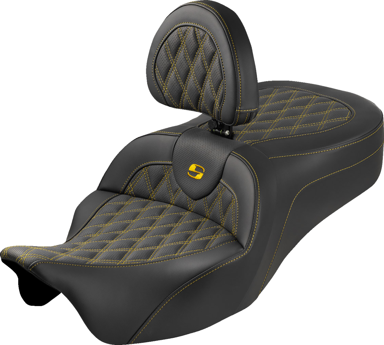 SADDLEMEN Roadsofa™ King Seat - With Backrest - Lattice Stitch - Gold Stitch - FLH/FLT '08-'25 808-07B-182SB7