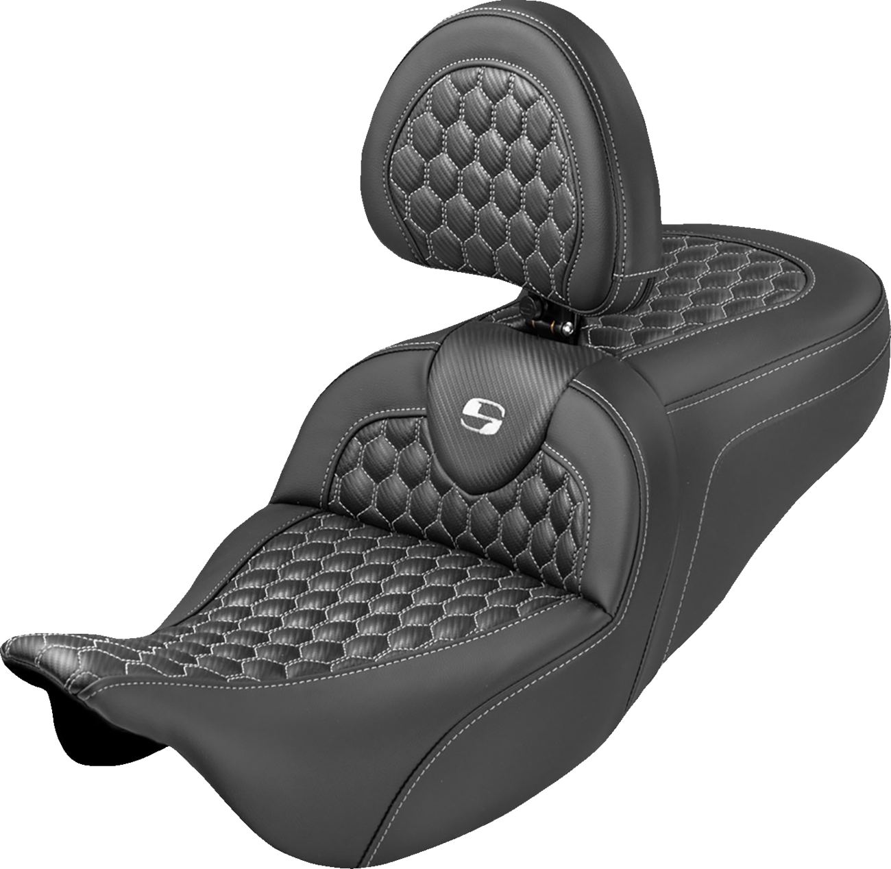 SADDLEMEN Roadsofa™ Seat - Honeycomb Stitch - White Stitch - With Backrest - FLH/FLT '08-'25 808-07B-189B6
