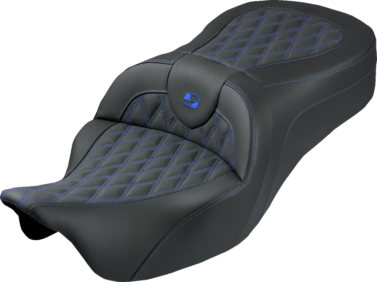 SADDLEMEN Roadsofa™ King Seat - No Backrest - Lattice Stitch - Blue Stitch - FLH/FLT '08-'25 808-07B-182S01