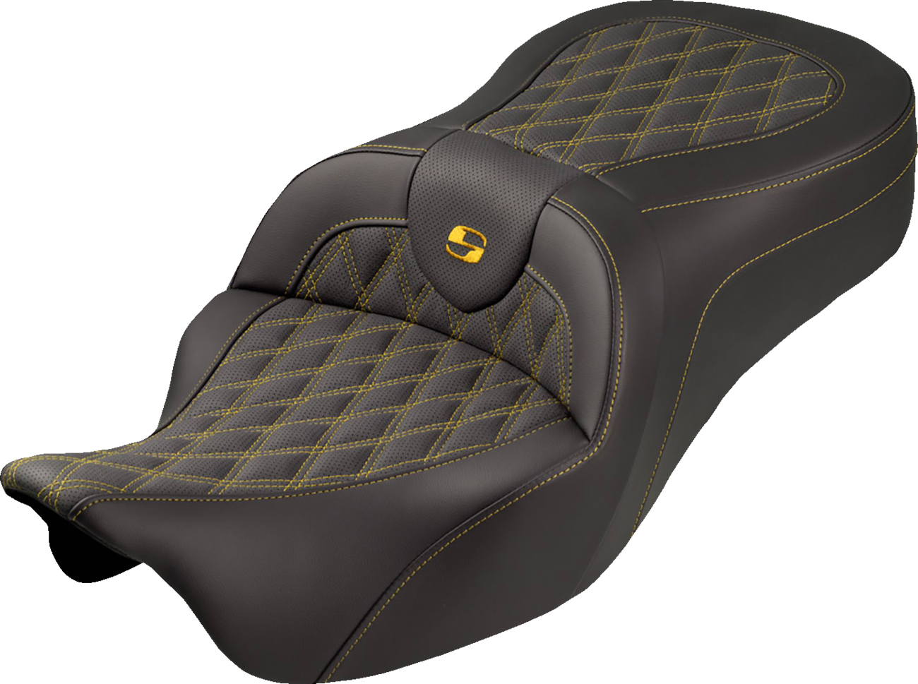 SADDLEMEN Roadsofa™ King Seat - No Backrest - Lattice Stitch - Gold Stitch - FLH/FLT '08-'25 808-07B-182S07