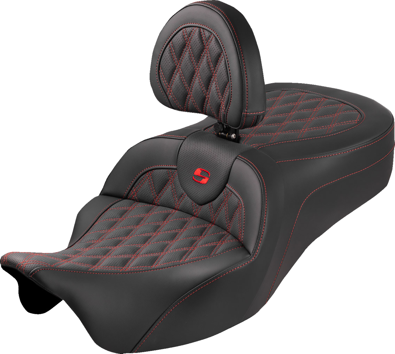 SADDLEMEN Roadsofa™ King Seat - With Backrest - Lattice Stitch - Red Stitch - FLH/FLT '08-'25 808-07B-182SB4