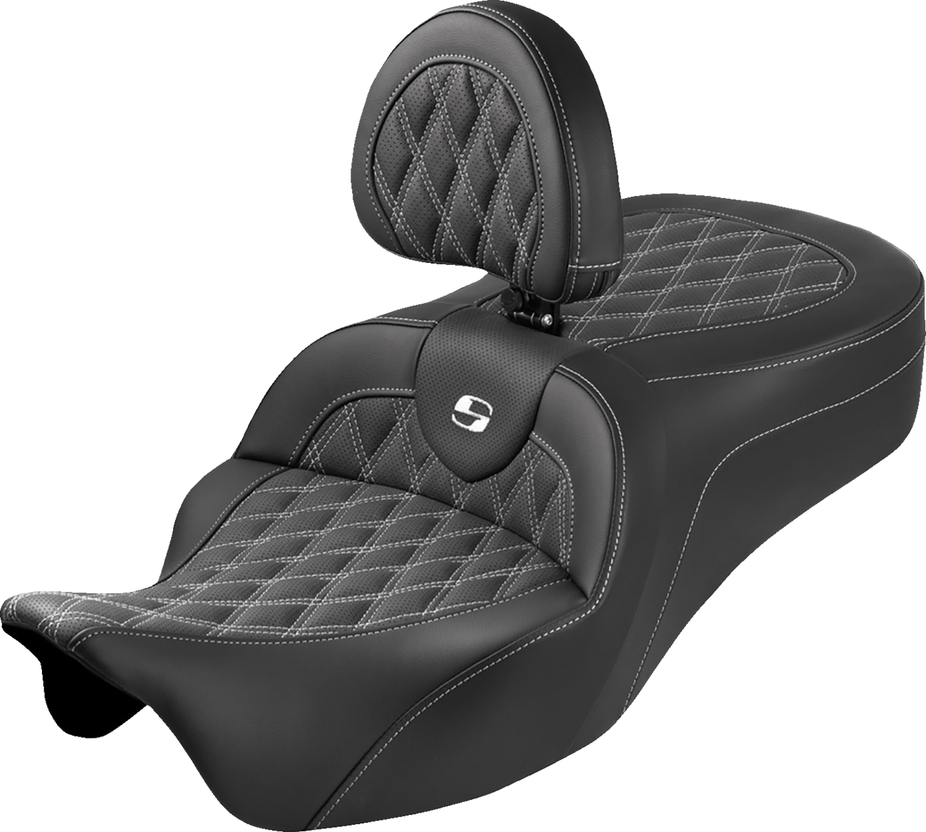 SADDLEMEN Roadsofa™ King Seat - With Backrest - Lattice Stitch - White Stitch - FLH/FLT '08-'25 808-07B-182SB6