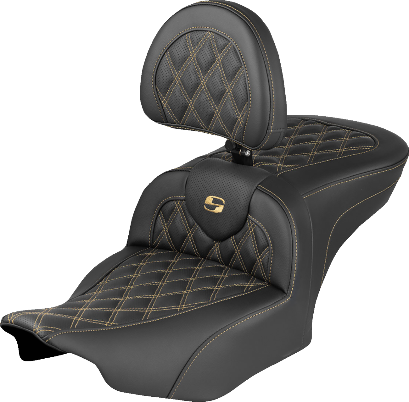 SADDLEMEN Extended Reach RoadSofa™ Seat - with Backrest - Lattice Stitch - Gold Stitch - FLH/FLT '23-'25 823-07-184B7