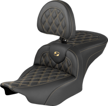 SADDLEMEN Extended Reach RoadSofa™ Seat - with Backrest - Lattice Stitch - Gold Stitch - FLH/FLT '23-'25 823-07-184B7