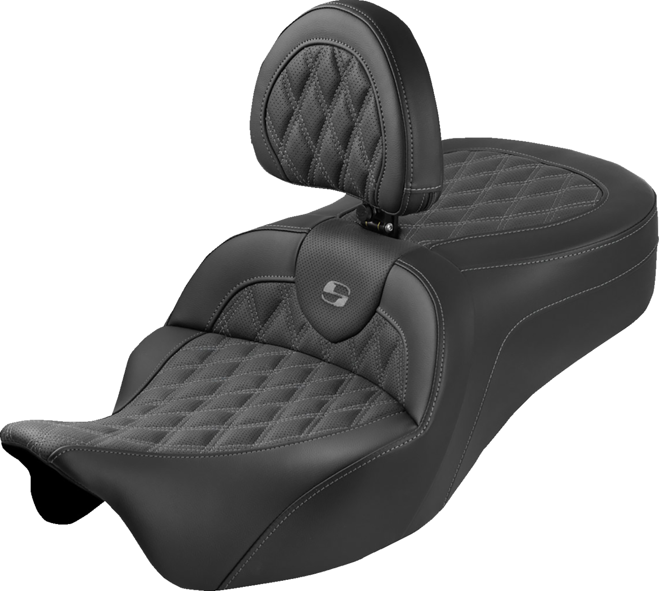 SADDLEMEN Roadsofa™ King Seat - With Backrest - Lattice Stitch - Gray Stitch - FLH/FLT '08-'25 808-07B-182SB2