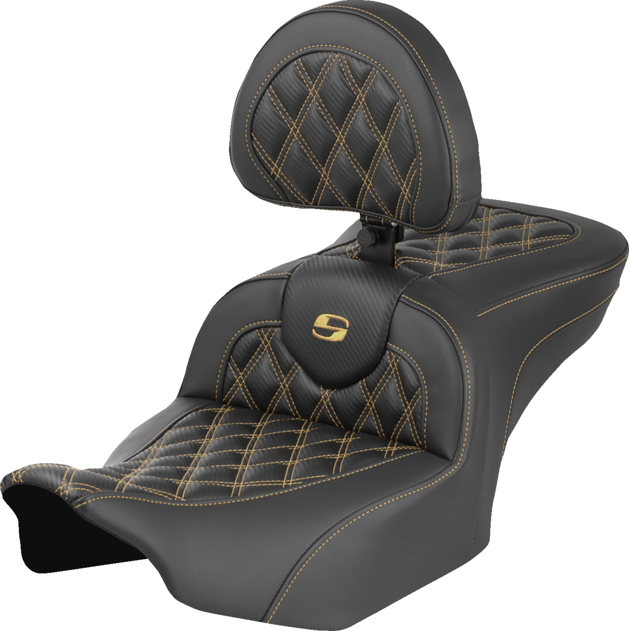SADDLEMEN Roadsofa™ Seat - Carbon Fiber - with Backrest - Gold Lattice Stitch - FLH/FLT '23-'25 823-07-206B7