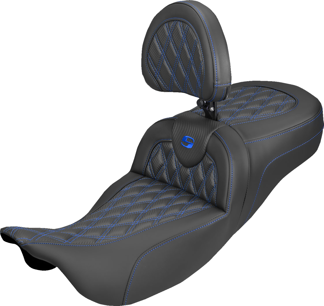 SADDLEMEN Extended Reach Roadsofa™ Carbon Fiber Seat - Lattice - Blue Stitch - With Backrest - FL '08-'25 808-07B-207B1