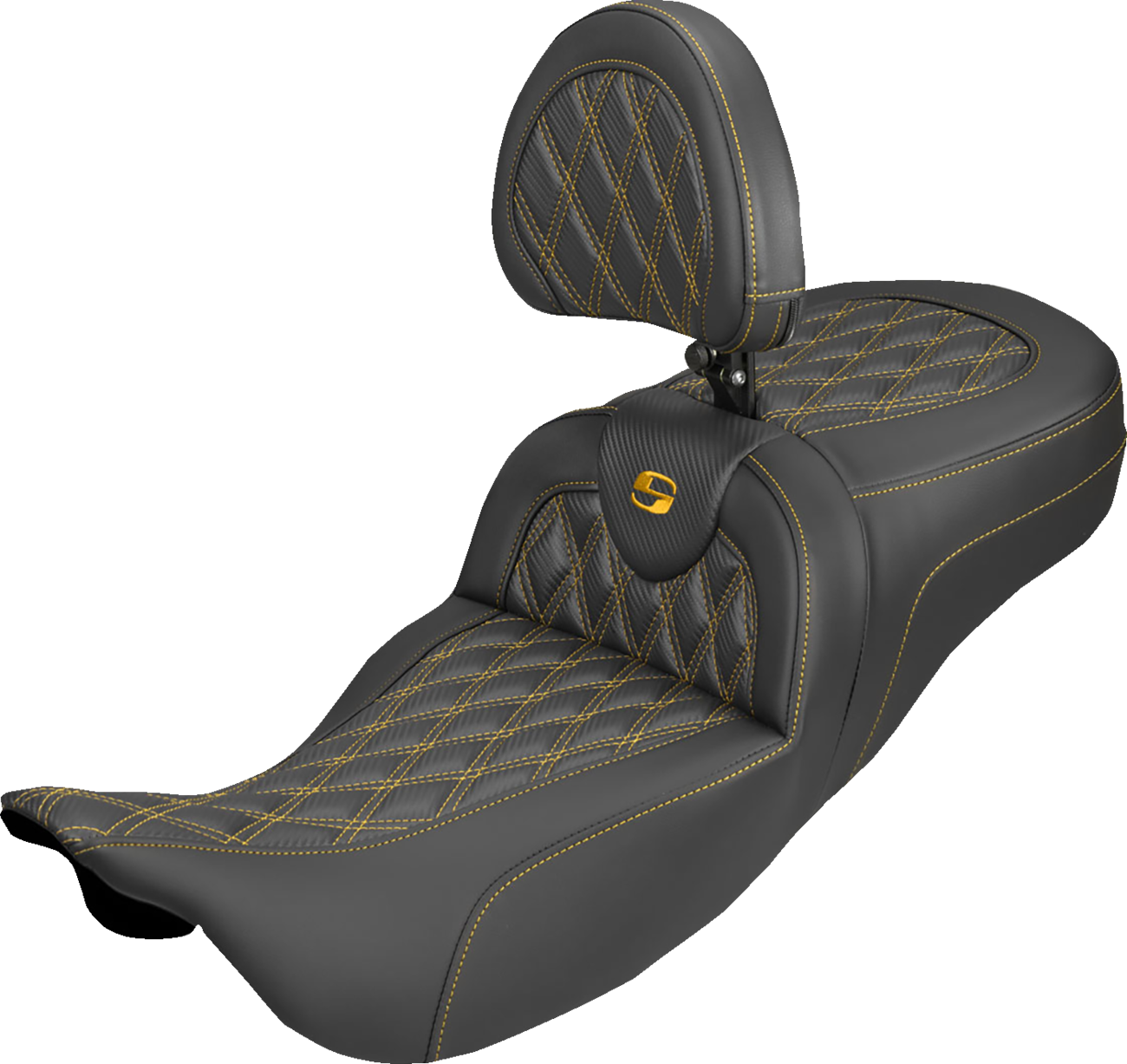 SADDLEMEN Extended Reach Roadsofa™ Carbon Fiber Seat - Lattice - Gold Stitch - With Backrest - FL '08-'25 808-07B-207B7