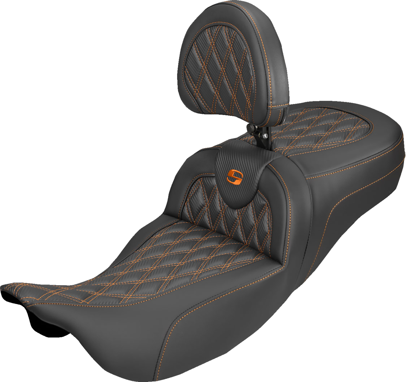 SADDLEMEN Extended Reach Roadsofa™ Carbon Fiber Seat - Lattice - Orange Stitch - With Backrest - FL '08-'25 808-07B-207B3