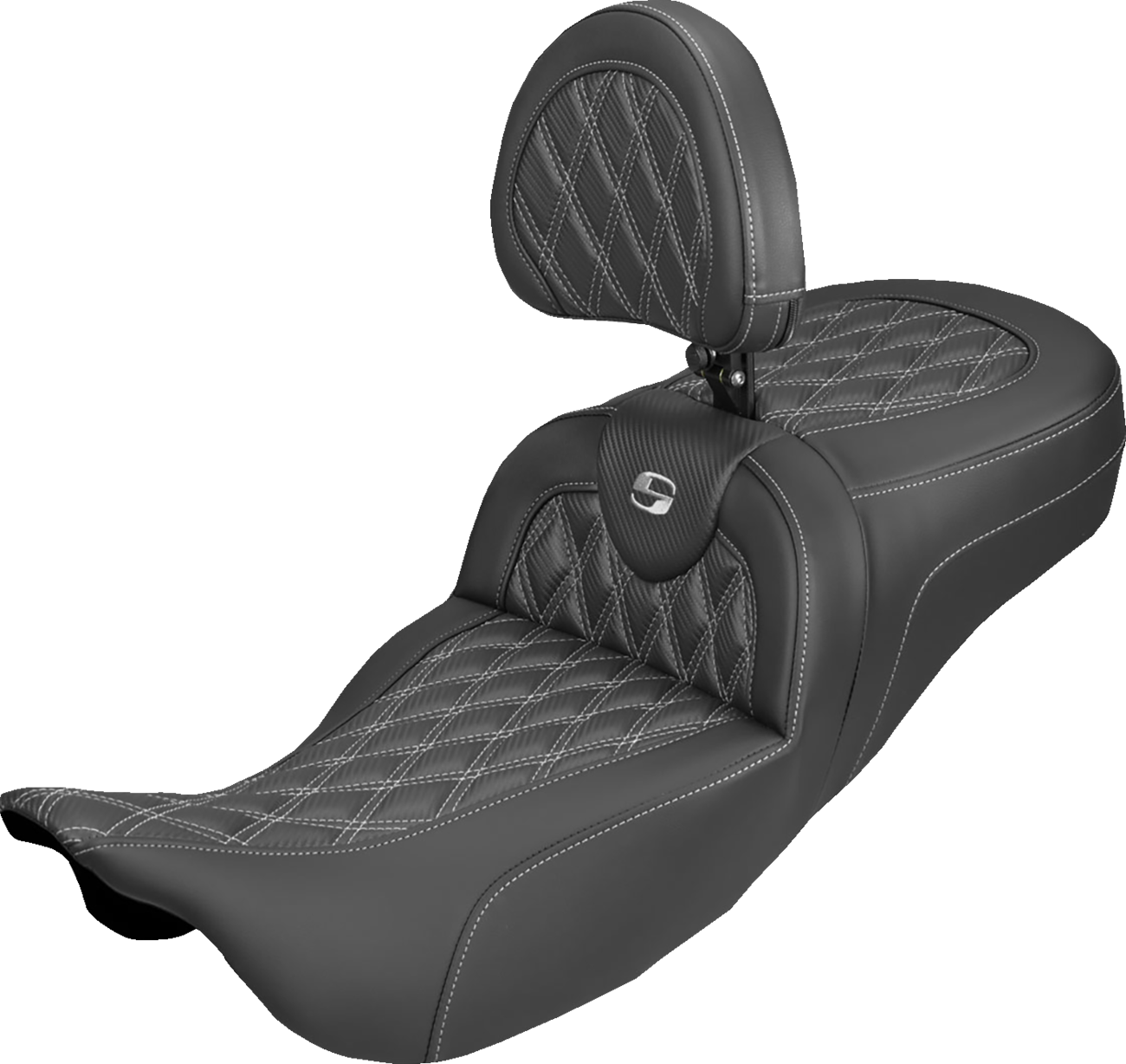 SADDLEMEN Extended Reach Roadsofa™ Carbon Fiber Seat - Lattice - Silver Stitch - With Backrest - FL '08-'25 808-07B-207B5