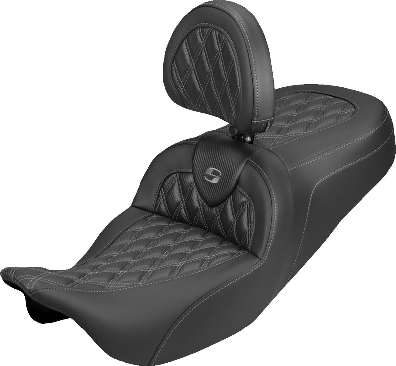 SADDLEMEN Roadsofa™ Carbon Fiber Seat - Lattice - Gray Stitch - With Backrest - FLH/FLT '08-'25 808-07B-206B2