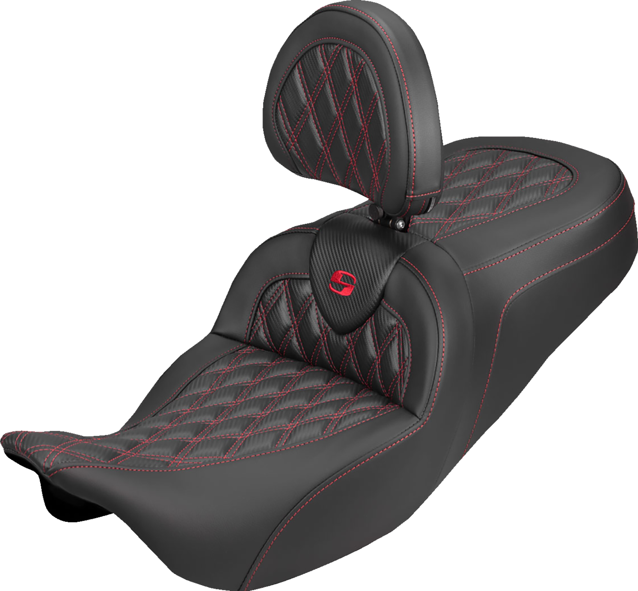 SADDLEMEN Roadsofa™ Carbon Fiber Seat - Lattice - Red Stitch - With Backrest - FLH/FLT '08-'25 808-07B-206B4