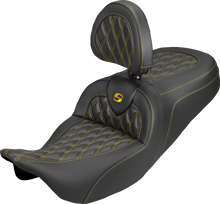 SADDLEMEN Roadsofa™ Carbon Fiber Seat - Lattice - Gold Stitch - With Backrest - FLH/FLT '08-'25 808-07B-206B7