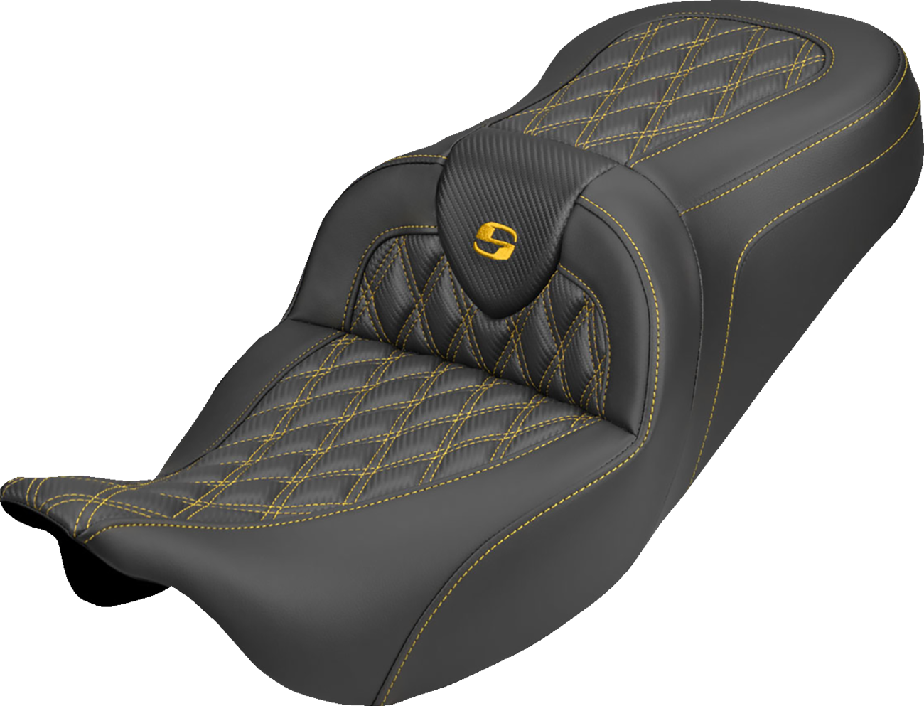 SADDLEMEN Roadsofa™ Carbon Fiber Seat - Lattice - Gold Stitch - Without Backrest - FLH/FLT '08-'25 808-07B-20607