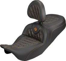 SADDLEMEN Roadsofa™ Carbon Fiber Seat - Lattice - Orange Stitch - With Backrest - FLH/FLT '08-'25 808-07B-206B3