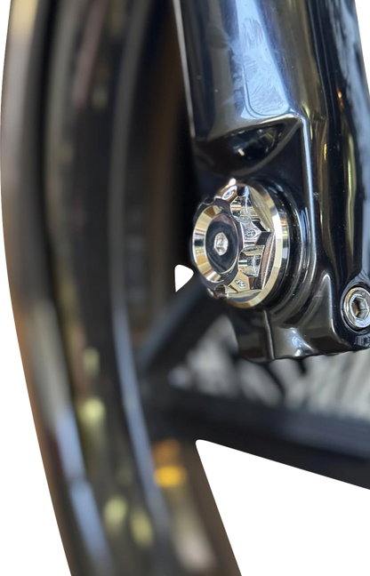 PAUL YAFFE BAGGER NATION Y-Axle with Turret Style Axle Cover Kit - Custom - Front - Chrome - 25 mm PYO:YAXLE-08-HT-CP