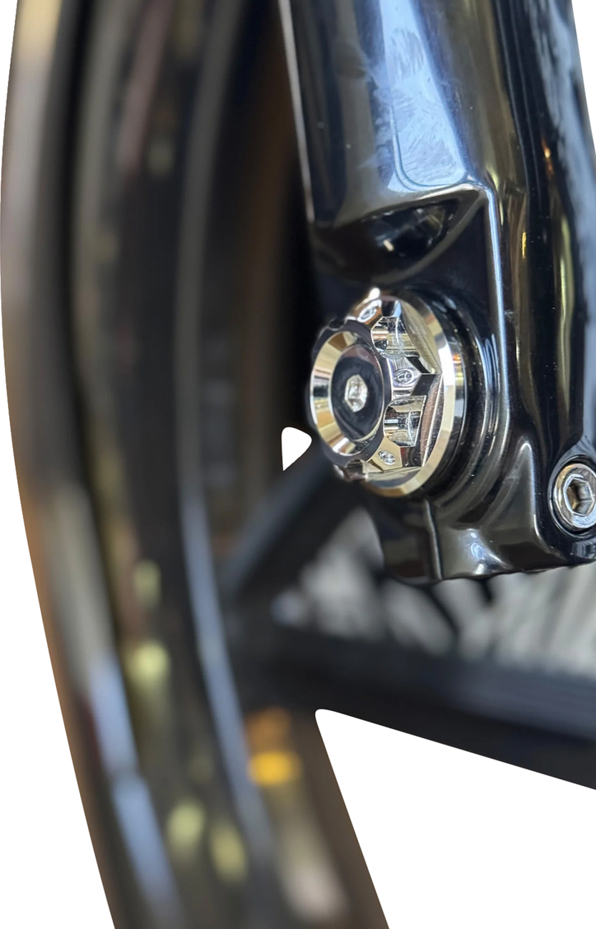 PAUL YAFFE BAGGER NATION Y-Axle with Turret Style Axle Cover Kit - Custom - Front - Chrome - 1" PYO:YAXLE-07-HT-CP