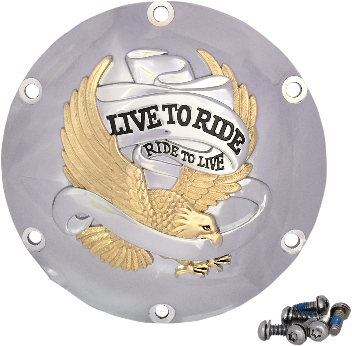DRAG SPECIALTIES Derby Cover - Live to Ride - 6-Hole - Chrome w/Gold Eagle - '04-'22 Sportster 33-0067CGA