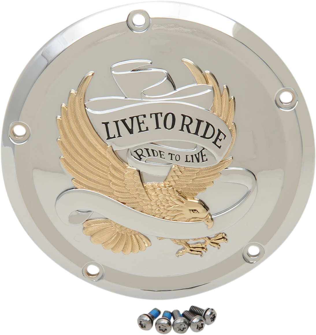 DRAG SPECIALTIES Derby Cover - Live to Ride - 5-Hole - Chrome w/Gold Eagle - '15-'25 Harley-Davidson D33-0110GA