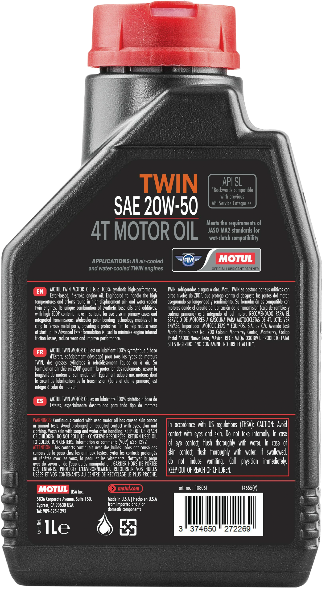 Motul Twin 100% Syn Oil 20w50 1qt