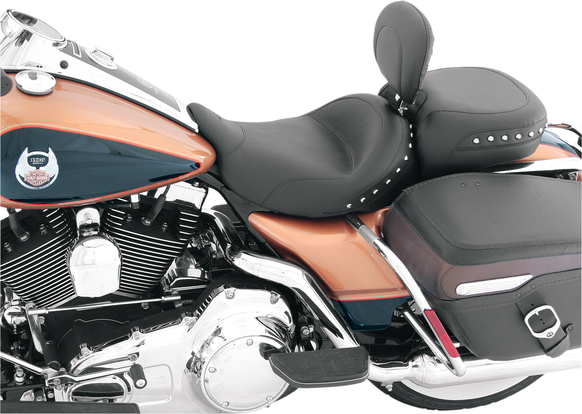 MUSTANG Wide Solo Seat - With Backrest - Black - Studded w/ Concho - FLH/FLT '08-'25 79602