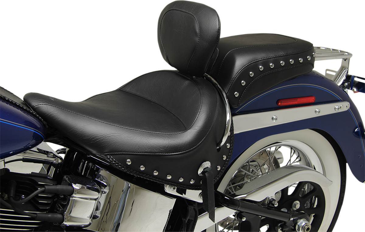 MUSTANG Wide Solo Seat - With Backrest - Black - Studded w/ Concho - FLSTN '05-'17 79913